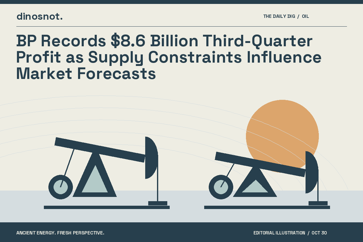 Original editorial illustration of oil pumpjacks for “BP Records $8.6 Billion Third-Quarter Profit as Supply Constraints Influence Market Forecasts”.