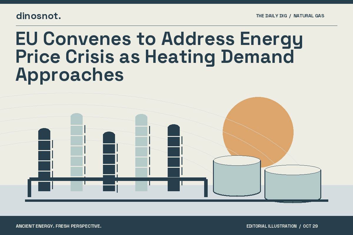 Original editorial illustration of refinery towers and storage tanks for “EU Convenes to Address Energy Price Crisis as Heating Demand Approaches”.