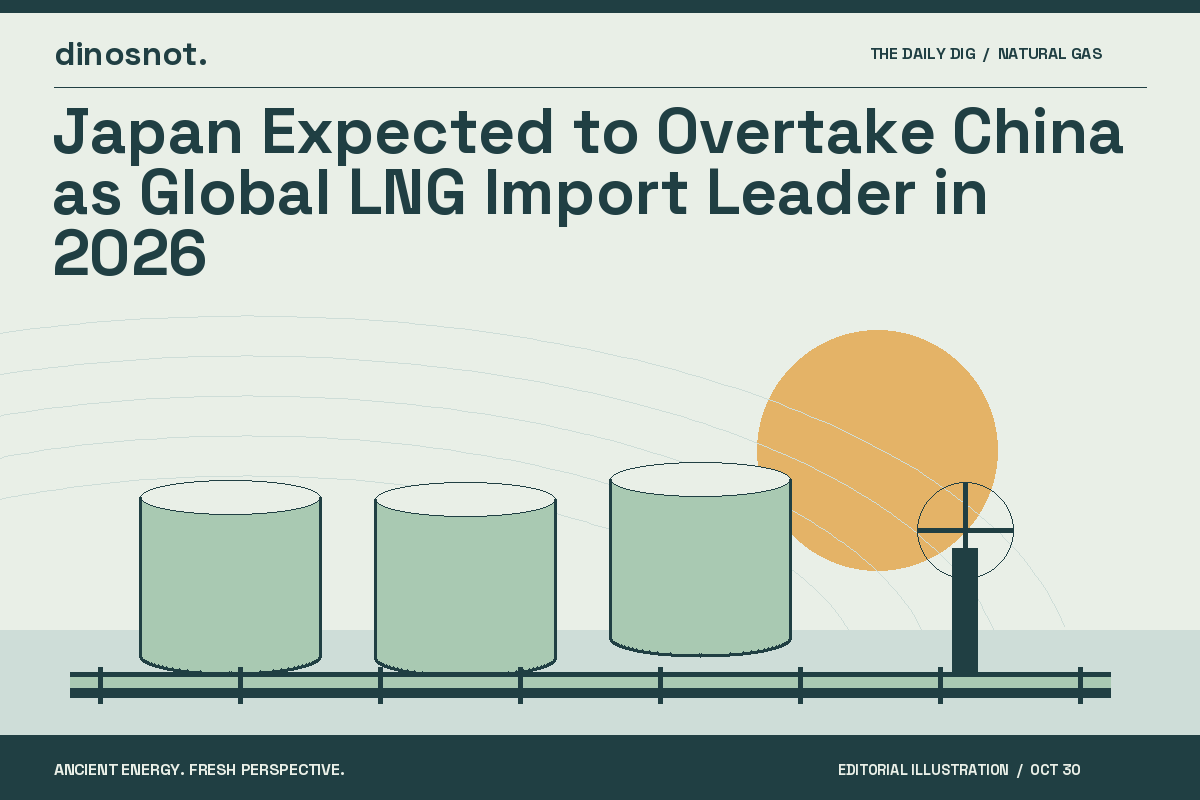 Original editorial illustration of gas storage tanks and a pipeline for “Japan Expected to Overtake China as Global LNG Import Leader in 2026”.