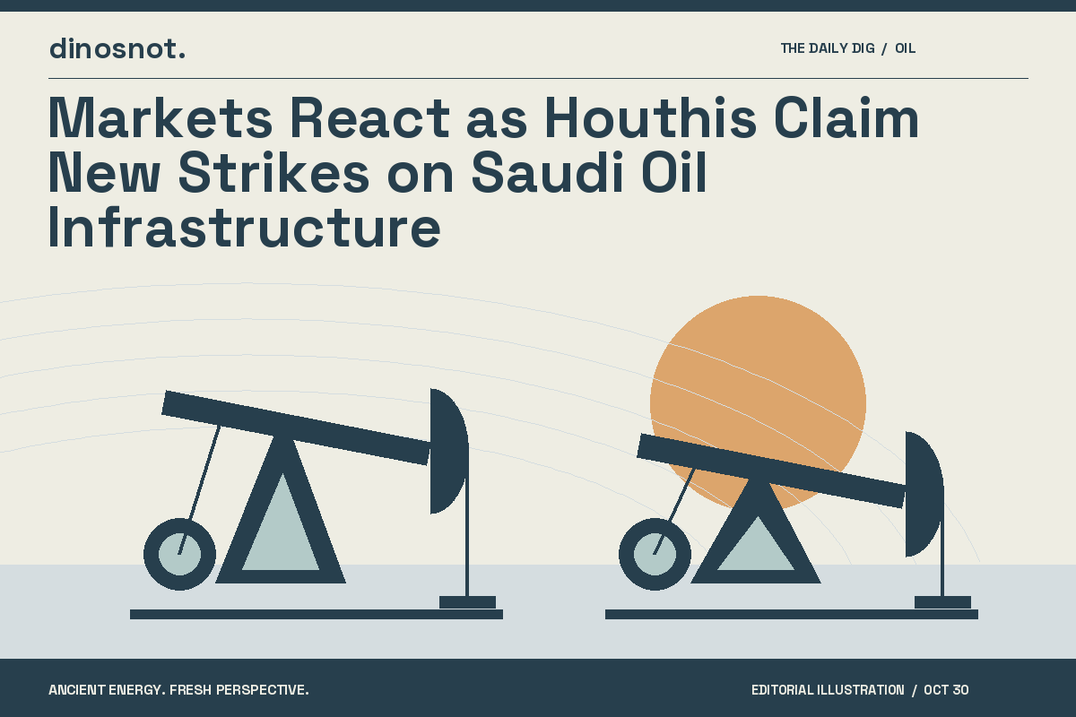 Original editorial illustration of oil pumpjacks for “Markets React as Houthis Claim New Strikes on Saudi Oil Infrastructure”.