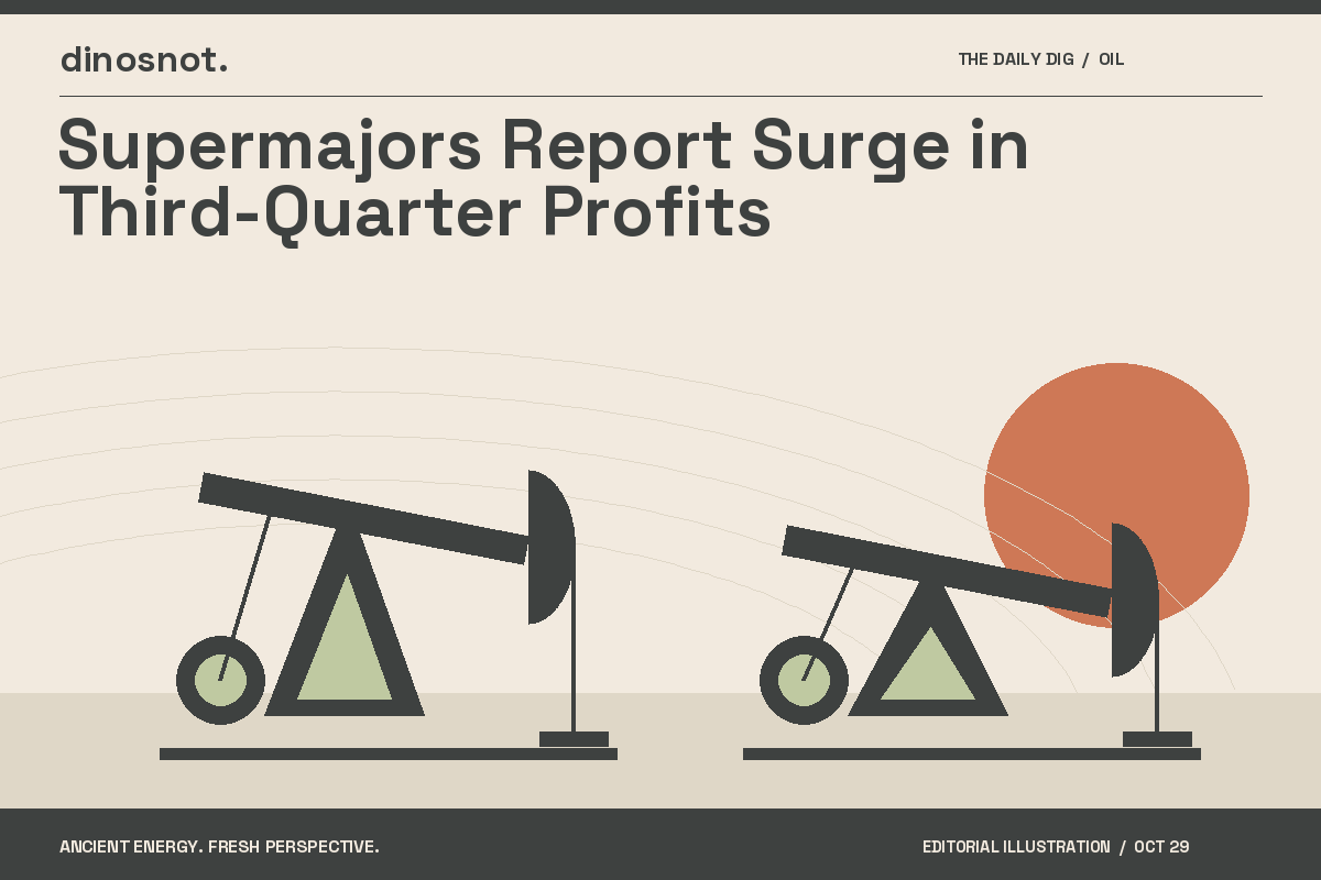 Original editorial illustration of oil pumpjacks for “Supermajors Report Surge in Third-Quarter Profits”.