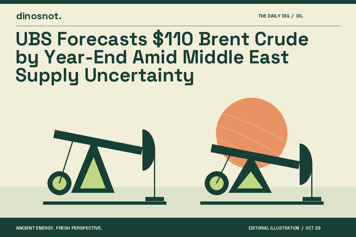 Original editorial illustration of oil pumpjacks for “UBS Forecasts $110 Brent Crude by Year-End Amid Middle East Supply Uncertainty”.
