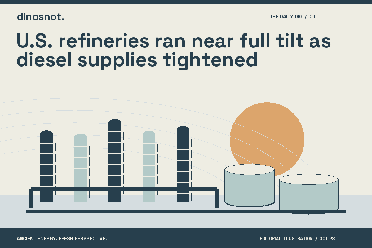 Original editorial illustration of refinery towers and storage tanks for “U.S. refineries ran near full tilt as diesel supplies tightened”.